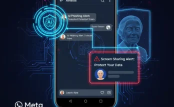 A graphic illustrating Meta's new AI-powered fraud protection features on WhatsApp and Messenger, specifically designed to protect seniors from online scams.