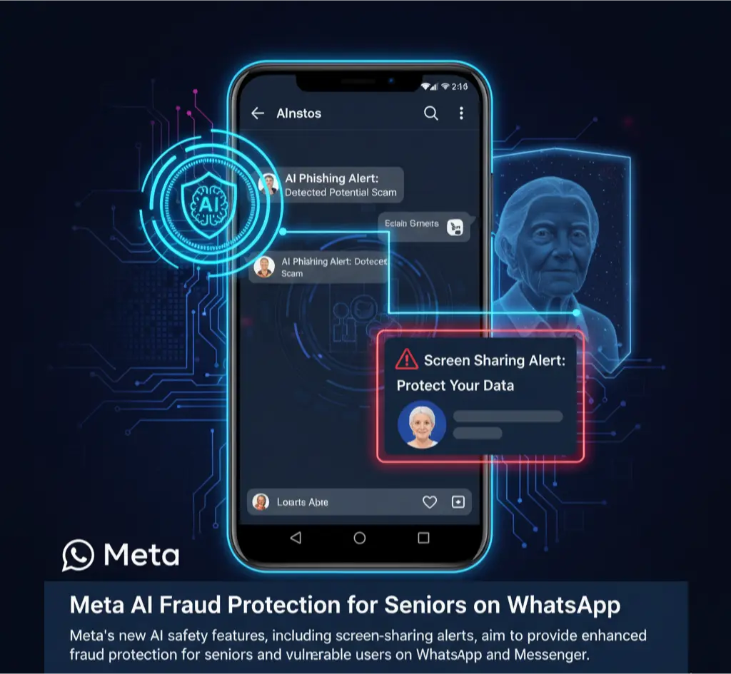 A graphic illustrating Meta's new AI-powered fraud protection features on WhatsApp and Messenger, specifically designed to protect seniors from online scams.