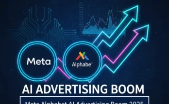 A graphic showing the logos of Meta and Alphabet with upward-pointing arrows, symbolizing their record earnings from AI advertising.
