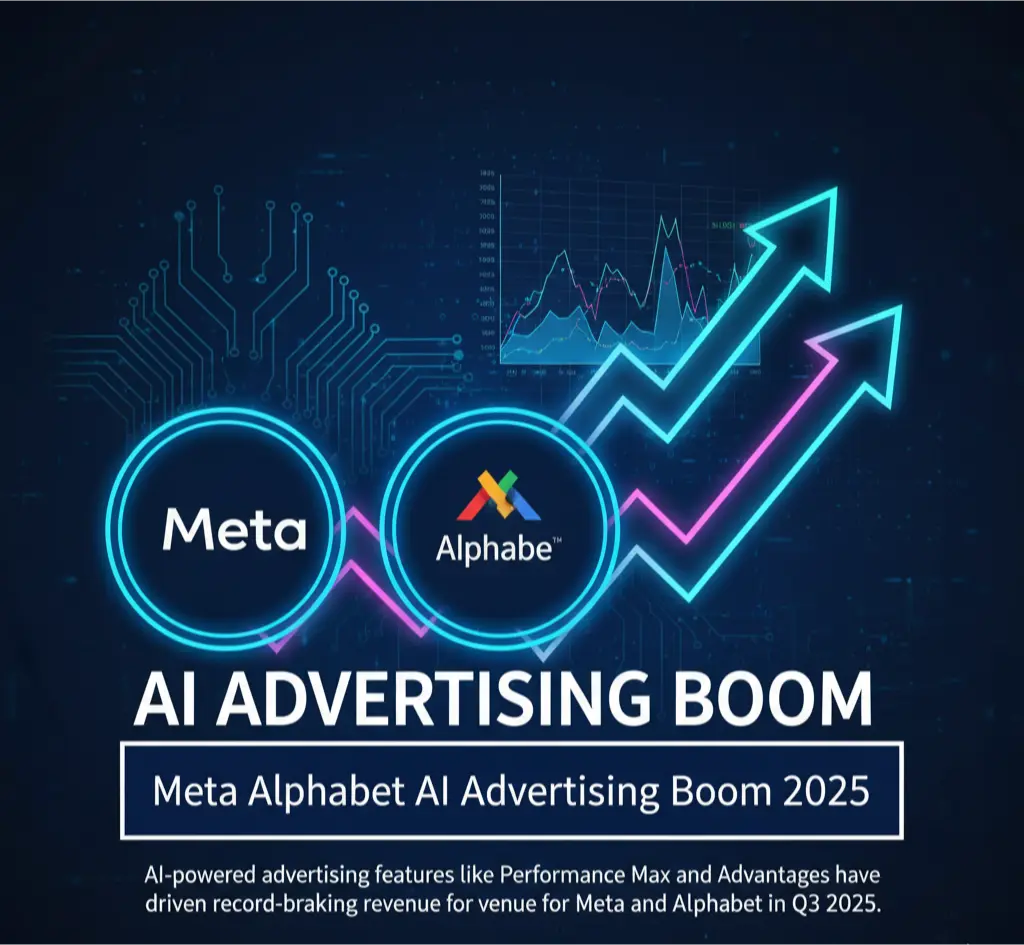 A graphic showing the logos of Meta and Alphabet with upward-pointing arrows, symbolizing their record earnings from AI advertising.