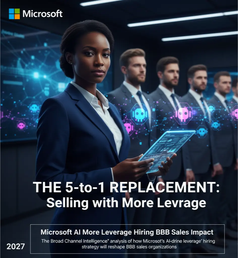 A strategic analysis graph showing how Microsoft's 'more leverage' AI hiring model will lead to a 40-60% reduction in B2B sales teams by 2027.