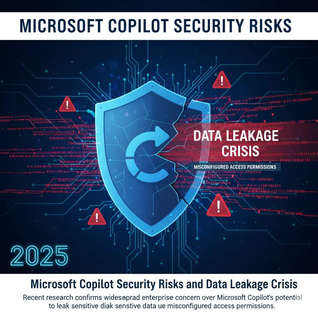 A security alert graphic illustrating the significant data leakage risks associated with Microsoft Copilot and enterprise AI security vulnerabilities.