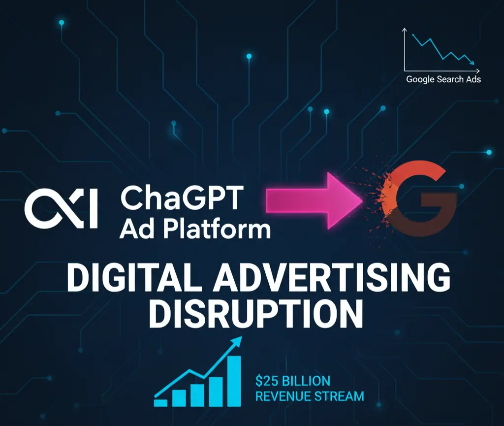A strategic analysis graphic illustrating the disruption of the digital advertising market by OpenAI's upcoming ChatGPT ad platform.