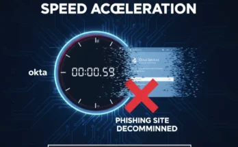 A security graphic illustrating the acceleration of phishing attack speed, showing a phishing site disappearing in under 60 minutes as revealed by Okta.