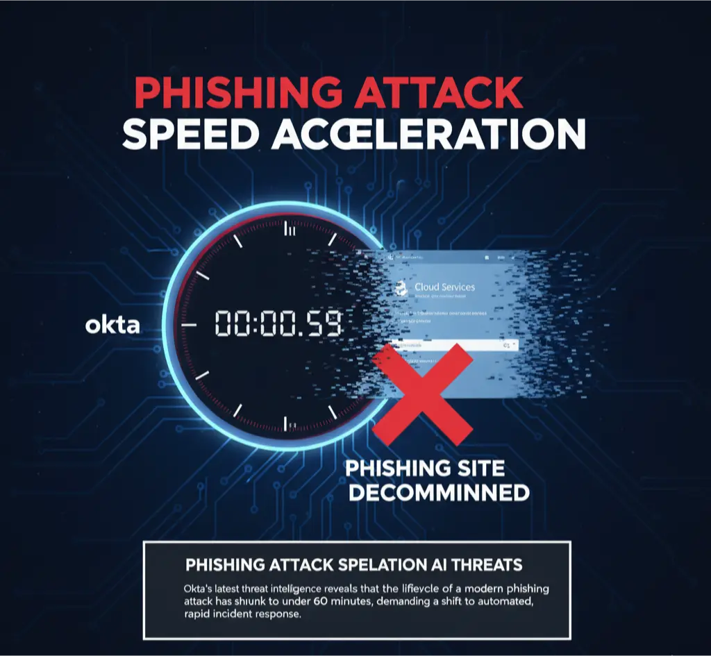 A security graphic illustrating the acceleration of phishing attack speed, showing a phishing site disappearing in under 60 minutes as revealed by Okta.