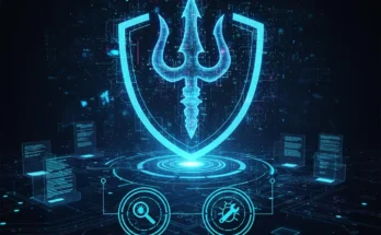 A graphic illustrating India's Project Triveni, an AI-powered cybersecurity platform for automated vulnerability detection and auto-rectification.