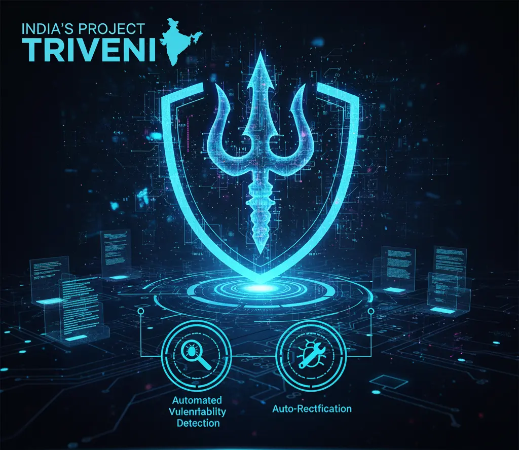 A graphic illustrating India's Project Triveni, an AI-powered cybersecurity platform for automated vulnerability detection and auto-rectification.
