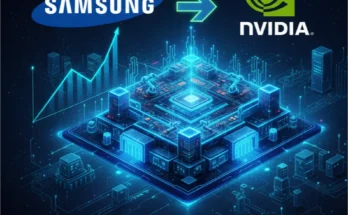 A graphic illustrating the landmark partnership between Samsung and Nvidia to build an AI megafactory for next-generation semiconductor manufacturing.