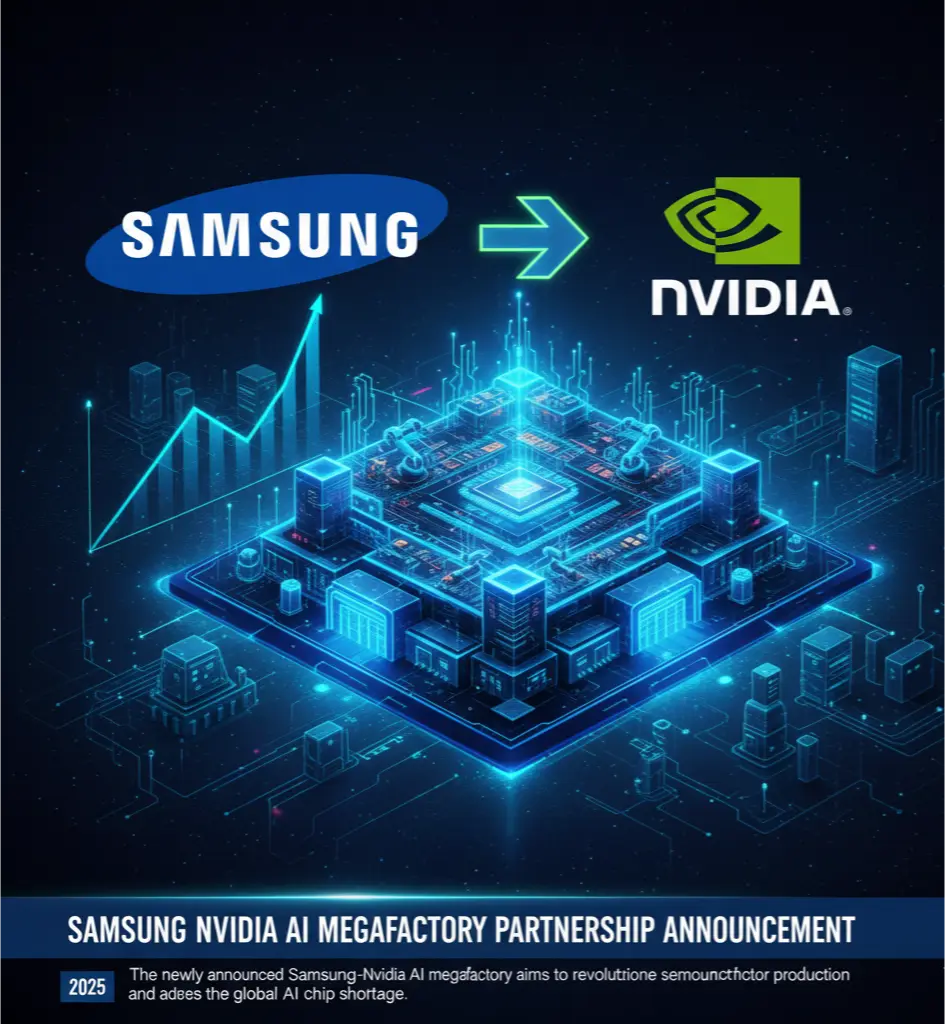A graphic illustrating the landmark partnership between Samsung and Nvidia to build an AI megafactory for next-generation semiconductor manufacturing.