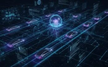 A conceptual graphic illustrating Elon Musk's vision of using the Tesla fleet as a distributed AI supercomputer for federated learning.