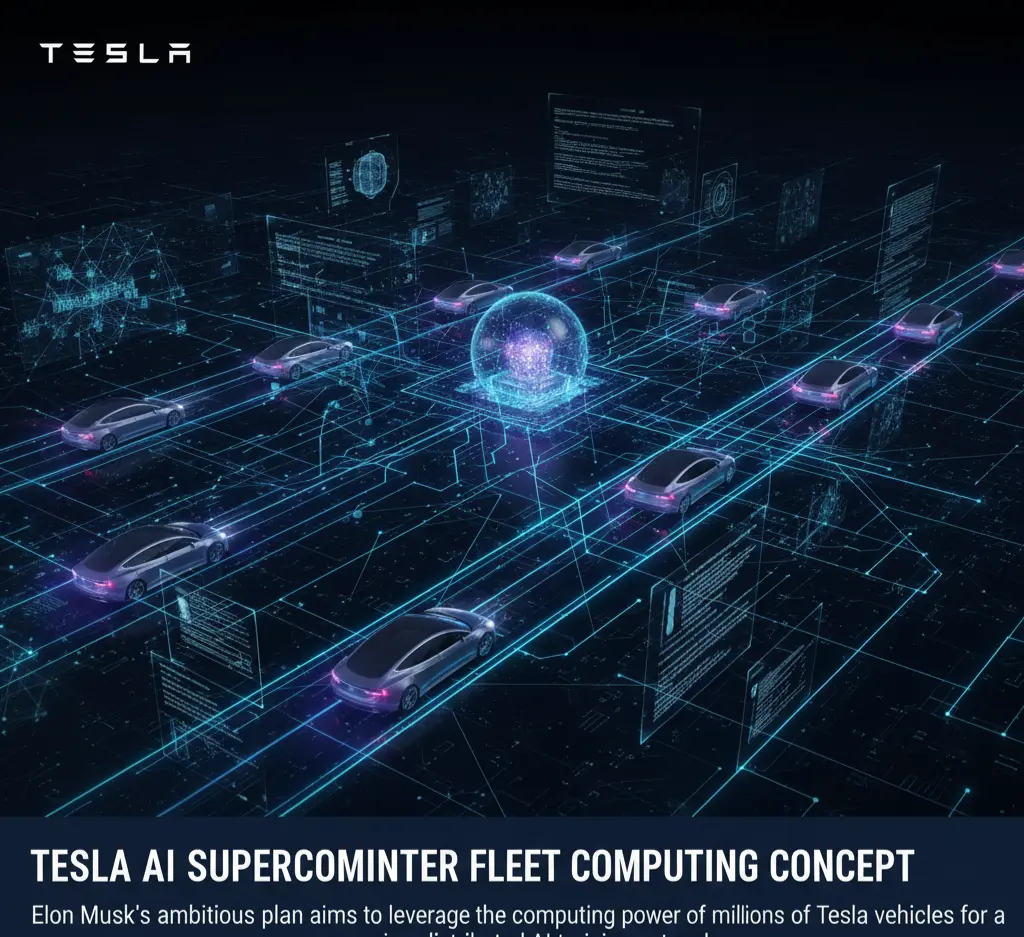 A conceptual graphic illustrating Elon Musk's vision of using the Tesla fleet as a distributed AI supercomputer for federated learning.