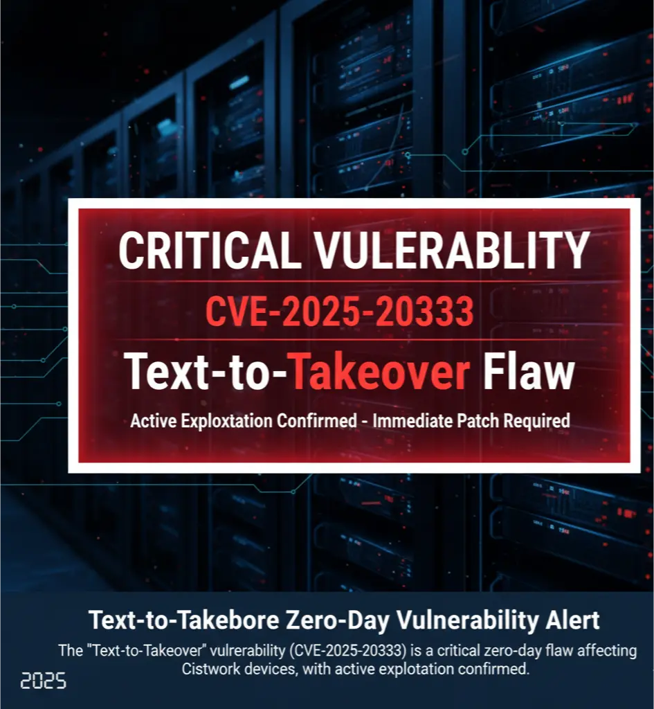 A red cybersecurity alert graphic with the text "CRITICAL VULNERABILITY: CVE-2025-20333 - Text-to-Takeover Flaw" over a background of network servers.