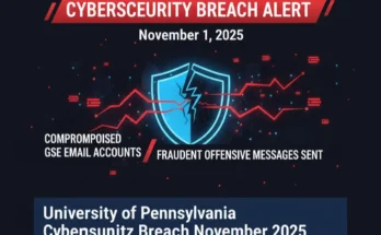 A security alert graphic detailing the University of Pennsylvania cybersecurity breach where fraudulent emails were sent from compromised GSE accounts.