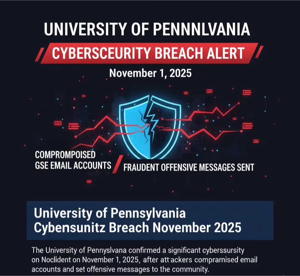 A security alert graphic detailing the University of Pennsylvania cybersecurity breach where fraudulent emails were sent from compromised GSE accounts.