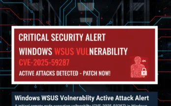 A security alert graphic for the critical WSUS vulnerability, CVE-2025-59287, showing active exploitation by attackers.