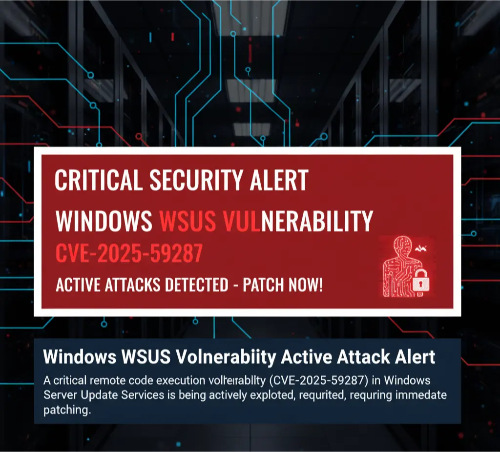 A security alert graphic for the critical WSUS vulnerability, CVE-2025-59287, showing active exploitation by attackers.