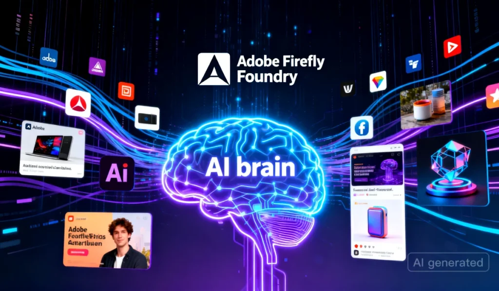 An infographic showing how Adobe Firefly Foundry creates brand-safe, custom AI models from a company's own assets.

