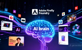 An infographic showing how Adobe Firefly Foundry creates brand-safe, custom AI models from a company's own assets.