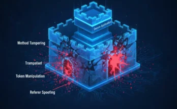 An infographic illustrating a multi-vector CSRF attack bypassing single-layer defenses by combining token manipulation, method tampering, and header spoofing.