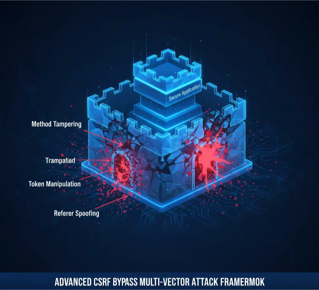 An infographic illustrating a multi-vector CSRF attack bypassing single-layer defenses by combining token manipulation, method tampering, and header spoofing.