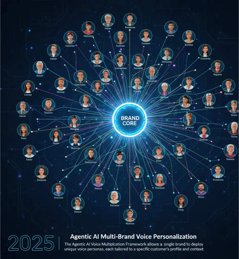 An infographic showing how an agentic AI system selects from a library of cloned voices to deliver a personalized brand voice to different customer segments.
