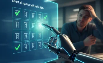 A robot hand easily solving a complex "click all the traffic lights" CAPTCHA puzzle on a computer screen, symbolizing that AI has broken human verification.