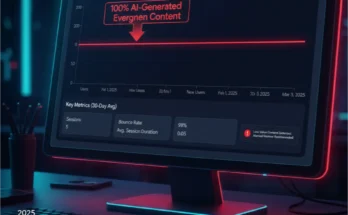 A Google Analytics chart showing a flatline of traffic over 30 days for a blog using 100% AI-generated evergreen content.
