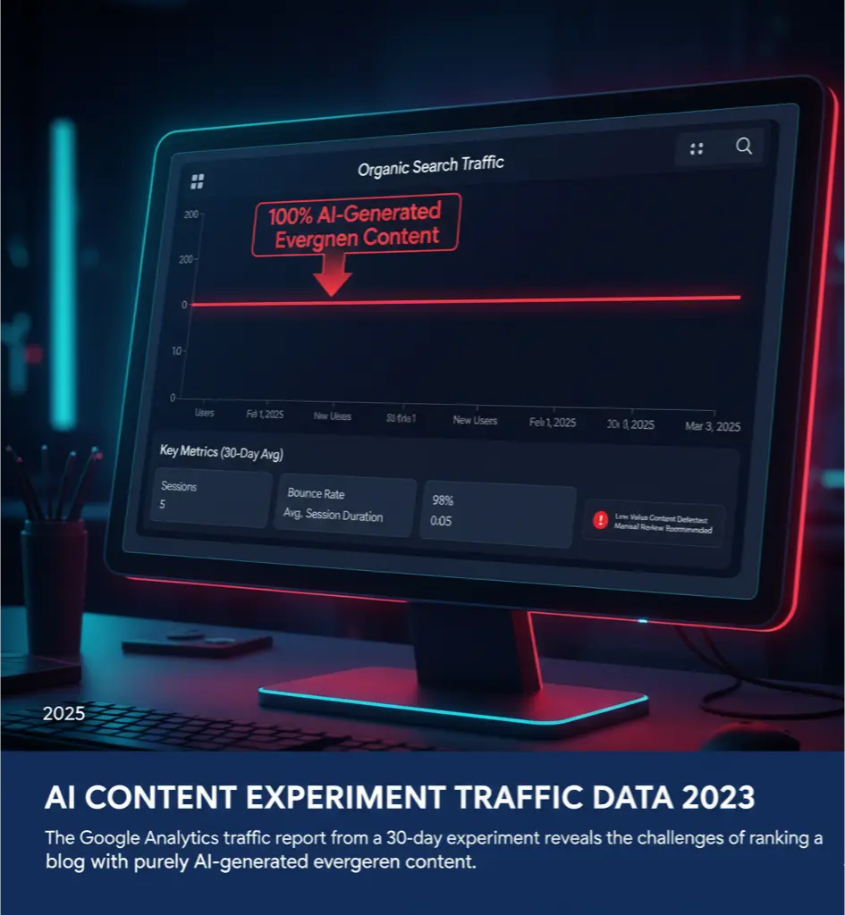 A Google Analytics chart showing a flatline of traffic over 30 days for a blog using 100% AI-generated evergreen content.