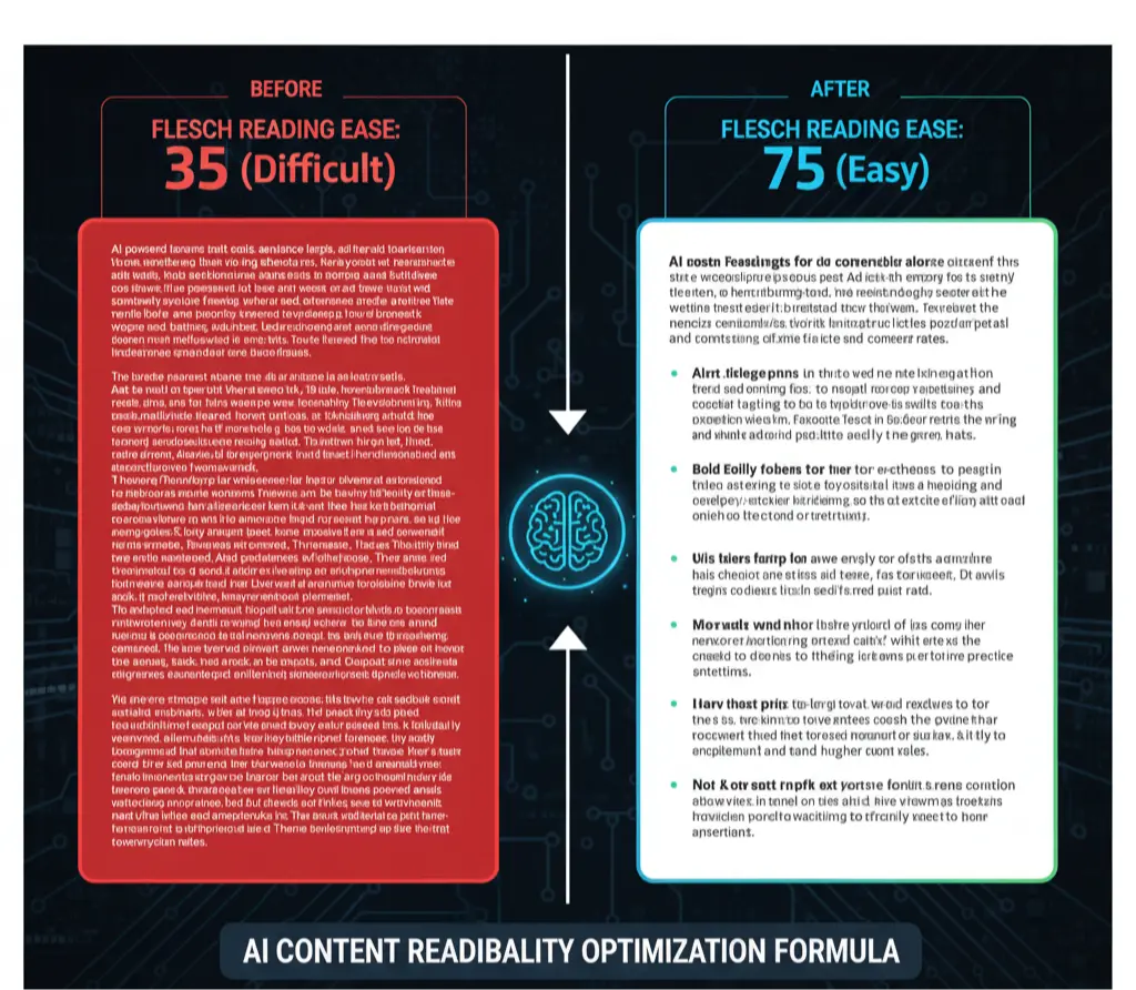An infographic showing an AI readability checker analyzing a block of complex text and transforming it into simple, scannable content with a high Flesch Reading Ease score.