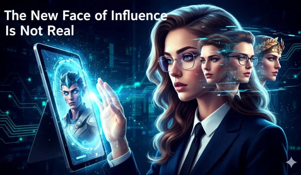 A shocking image showing an influencer's face transforming into multiple different AI-generated personas, representing the face swap revolution in marketing.