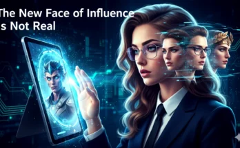 A shocking image showing an influencer's face transforming into multiple different AI-generated personas, representing the face swap revolution in marketing.