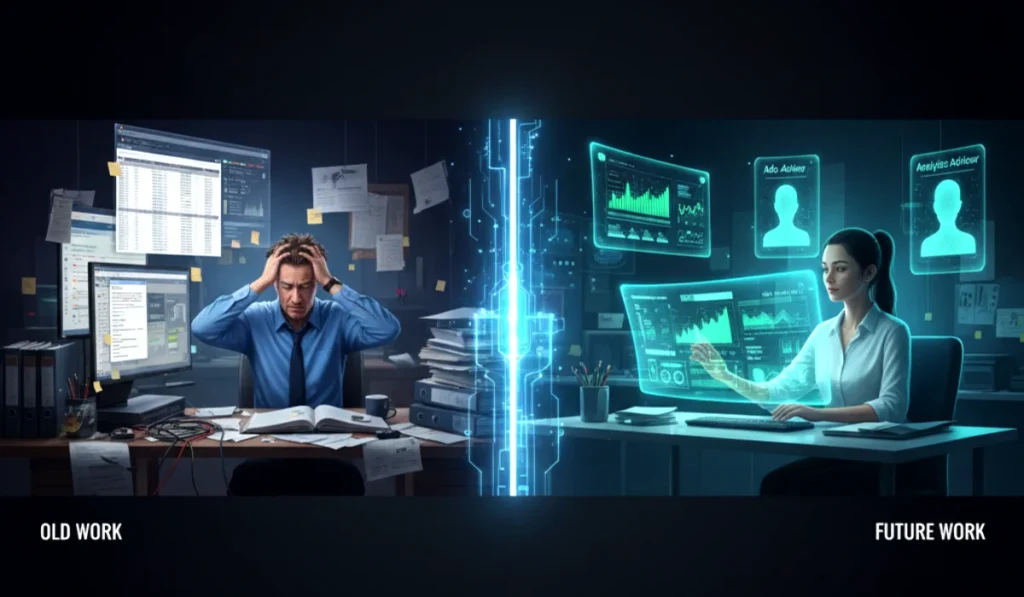 A powerful image of a human hand and an AI robot hand shaking in partnership, symbolizing the future of human-AI collaboration in the workplace.