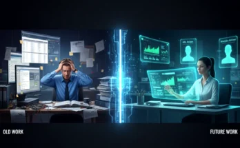 A powerful image of a human hand and an AI robot hand shaking in partnership, symbolizing the future of human-AI collaboration in the workplace.