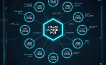 Diagram showing AI clustering queries into semantic topic clusters with pillar‑spoke linking and SERP overlap validation for SEO