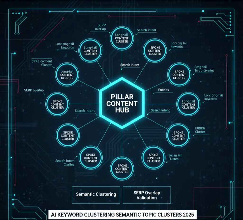 Diagram showing AI clustering queries into semantic topic clusters with pillar‑spoke linking and SERP overlap validation for SEO