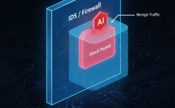 An infographic explaining how an AI-powered adversarial machine learning attack (JSMA) can bypass a modern Intrusion Detection System (IDS) by cloaking a malicious payload.