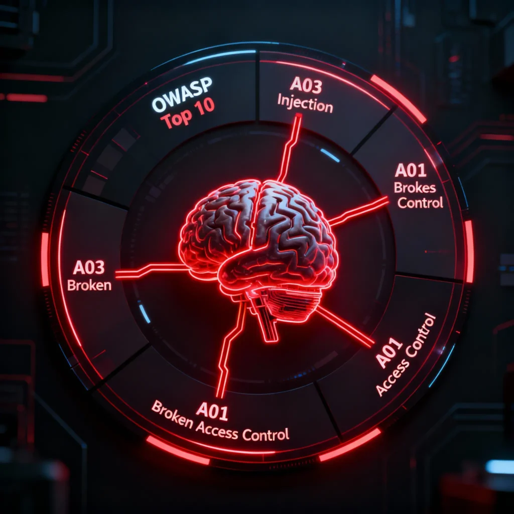 An infographic showing how an AI framework chains multiple OWASP Top 10 vulnerabilities like SQL Injection, XSS, and Broken Access Control to hack a web application.