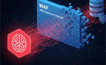 An infographic illustrating how an AI-powered polymorphic SQL injection attack bypasses a traditional Web Application Firewall (WAF) to breach a database.
