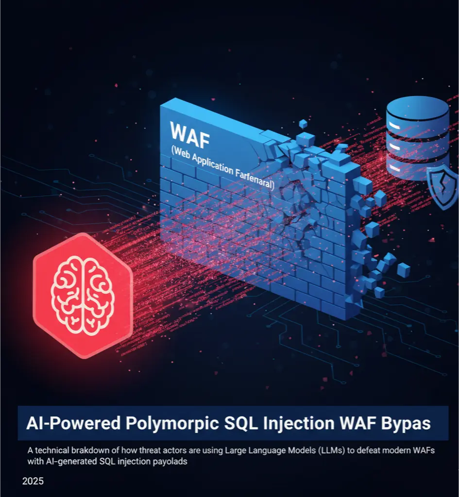 An infographic illustrating how an AI-powered polymorphic SQL injection attack bypasses a traditional Web Application Firewall (WAF) to breach a database.