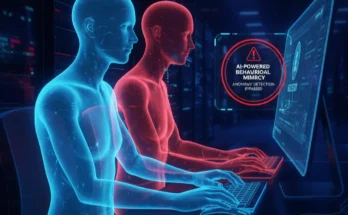 An infographic showing an AI-powered session hijacking attack where a 'digital ghost' attacker mimics a legitimate user's behavior to steal their session without triggering anomaly detection.