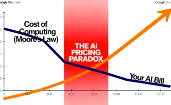 A dramatic chart showing the AI Pricing Paradox, with the cost of AI models rising sharply while the cost of computing power falls.