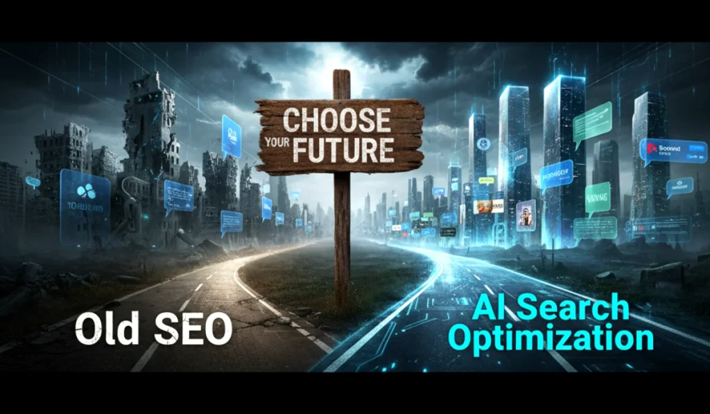 A conceptual image showing a forked road, with the wrong path of "Old SEO" leading to ruin and the correct path of "AI Search Optimization" leading to success.