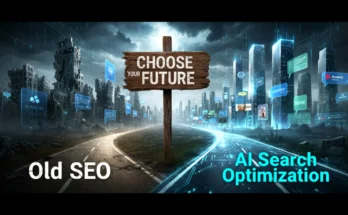 A conceptual image showing a forked road, with the wrong path of "Old SEO" leading to ruin and the correct path of "AI Search Optimization" leading to success.