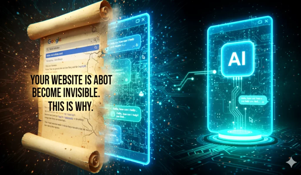 A shocking image showing a "graveyard" of old SEO tactics with a single path leading to a new, AI-dominated search landscape.
