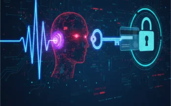 A conceptual image showing a soundwave of a human voice being transformed into a digital key, symbolizing an AI voice cloning scam used for bank fraud.