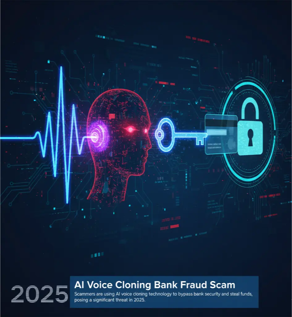A conceptual image showing a soundwave of a human voice being transformed into a digital key, symbolizing an AI voice cloning scam used for bank fraud.