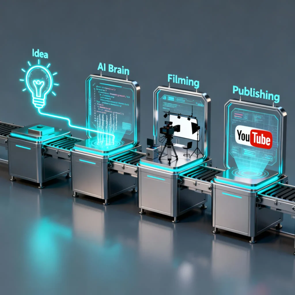 An infographic flowchart showing the AI-powered workflow for generating YouTube scripts, starting from the initial idea and moving to a production-ready script.