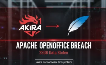 A cybersecurity alert graphic showing the Akira ransomware logo next to the Apache OpenOffice logo with the text "23GB Data Stolen".