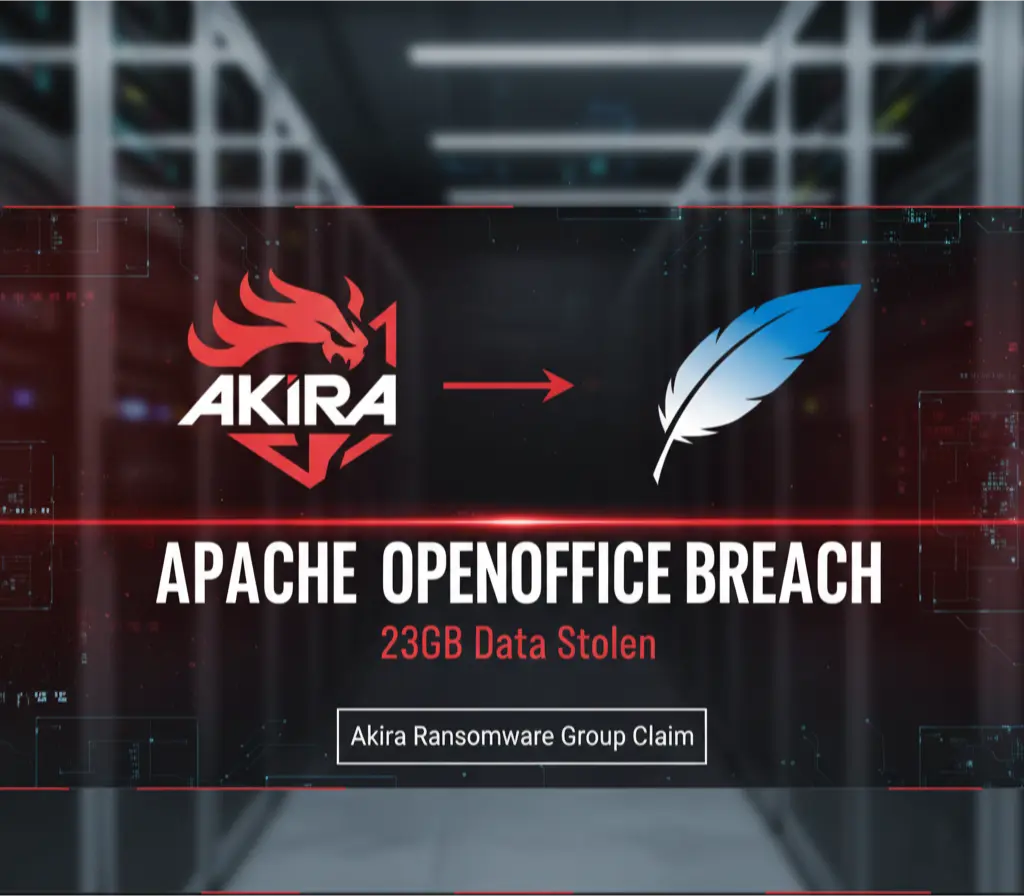 A cybersecurity alert graphic showing the Akira ransomware logo next to the Apache OpenOffice logo with the text "23GB Data Stolen".