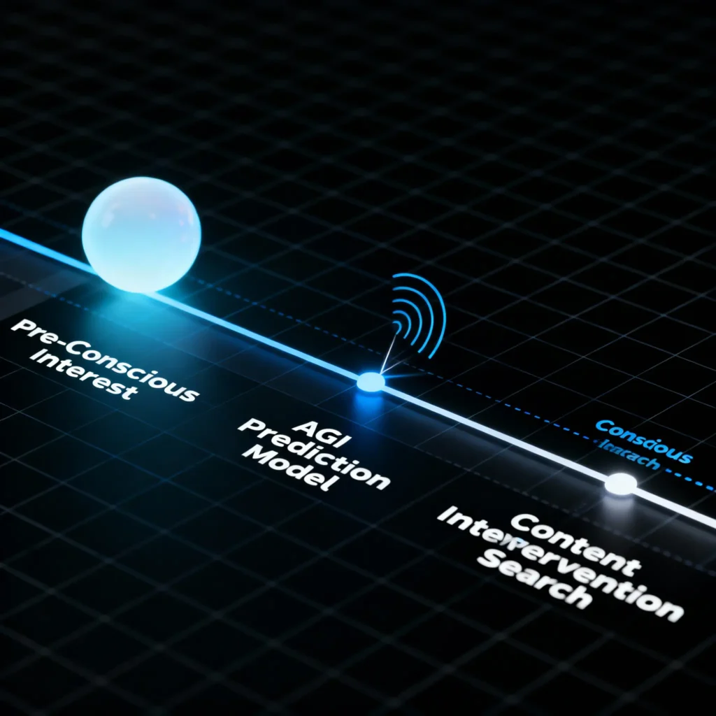 An infographic of the ALFAIZNOVA Attention Capture Framework, showing how an AGI model uses pre-cognitive signals to predict user intent and deliver content proactively.